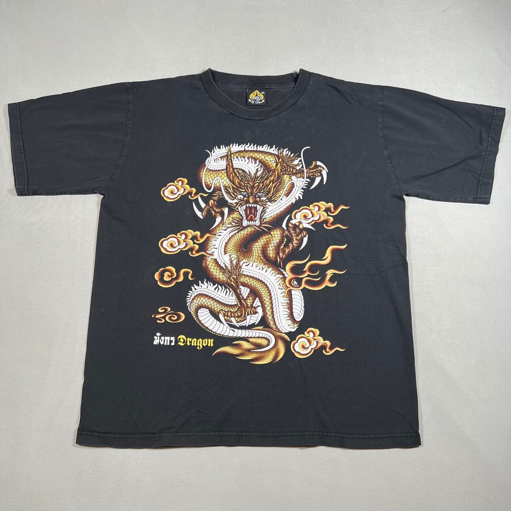 Thailand Dragon Graphic T-Shirt Mens XL Black My Dream Glitter Print 90s Boxy